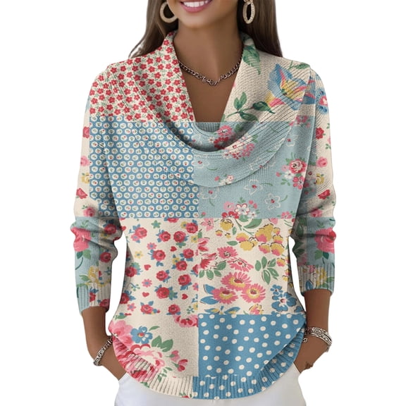 Kixjoy Womens Blue Sweaters Cowl Neck Long Sleeve Knit Sweaters Lounge Trendy Vacation Top Soft Elegant Winter Womens Clothes, Light Blue XL