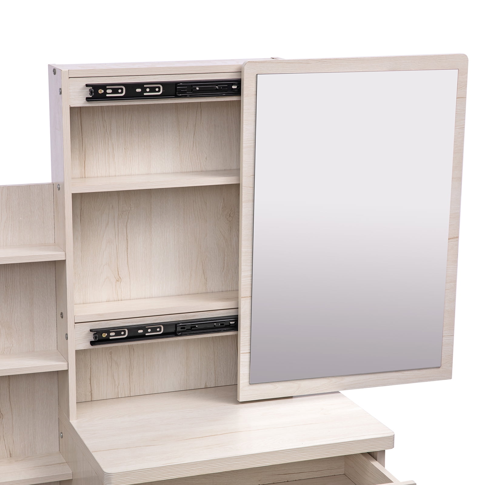 Resenkos Makeup Vanity Set with Mirror Cushioned Stool Open Storage Shelves and 4 Drawers White Oak