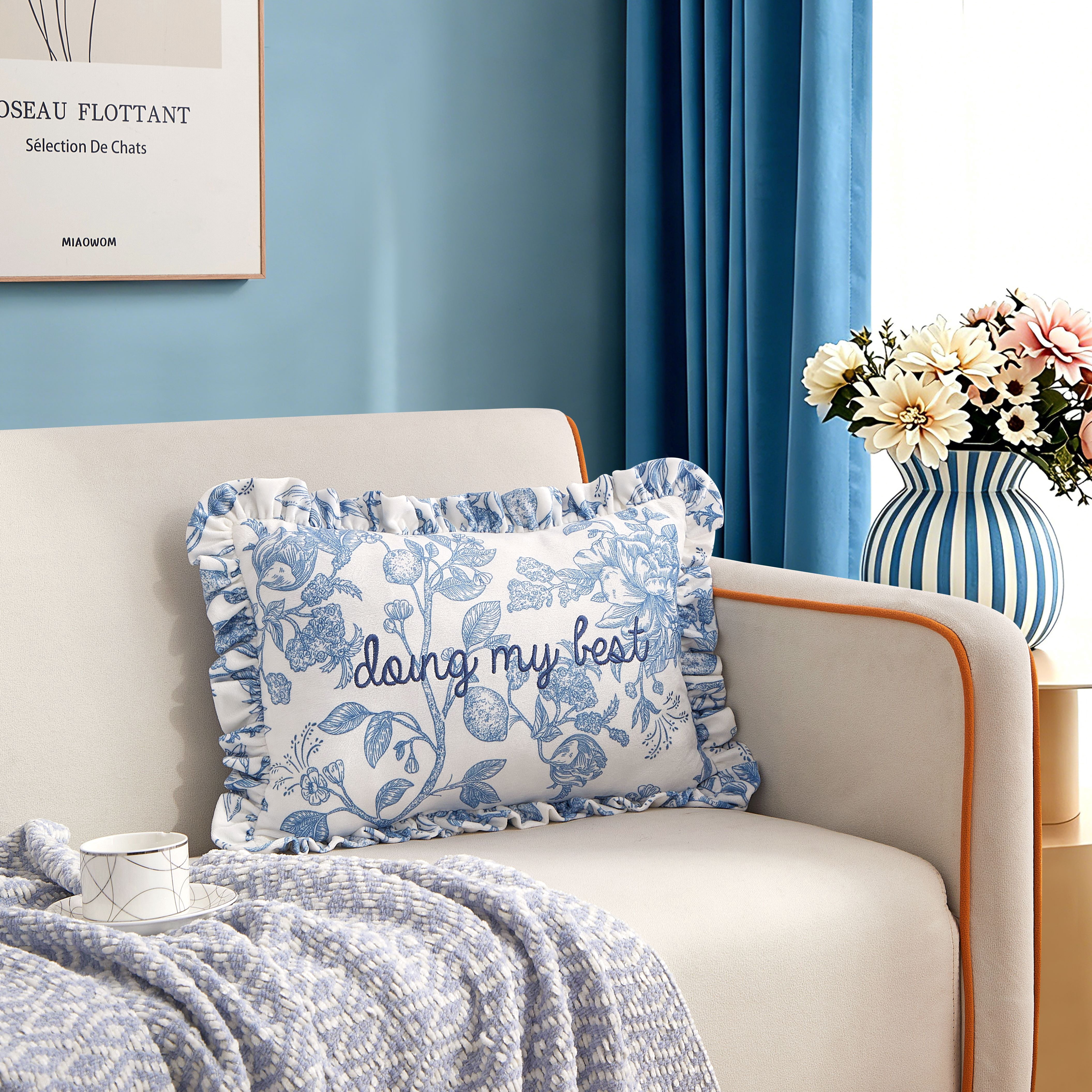 Urban Shop Blue Petals & Pearls Ruffle Decorative Pillow 12"x18"