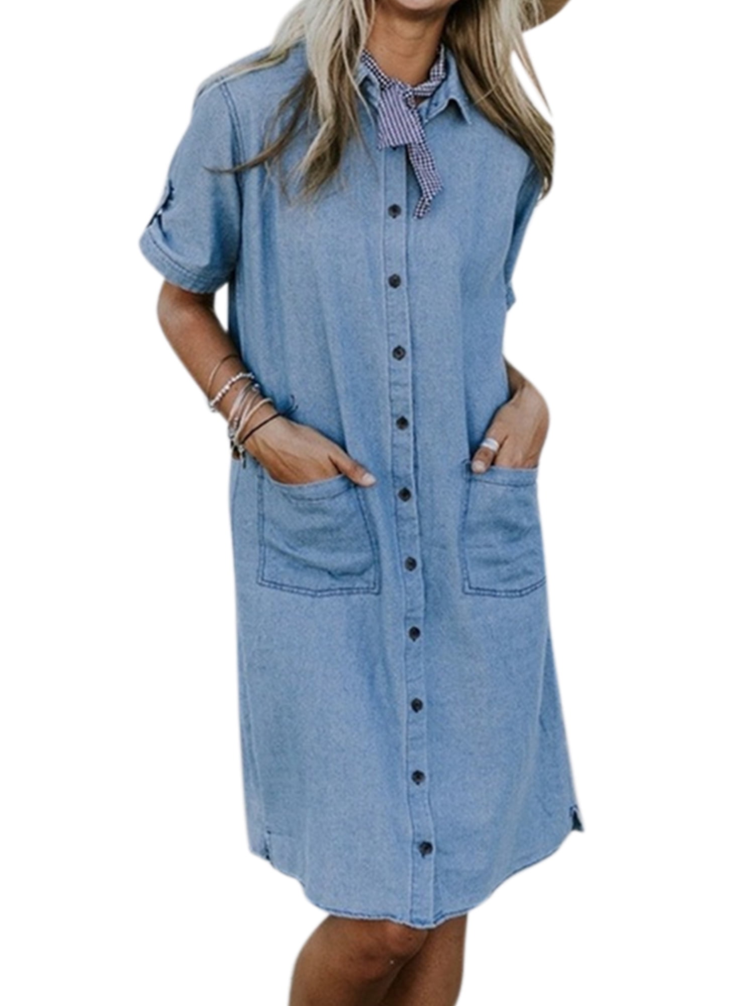 Blue Denim Patch Pocket Rolled Up Sleeve High Low Plus Size Casual T Shirt Dress