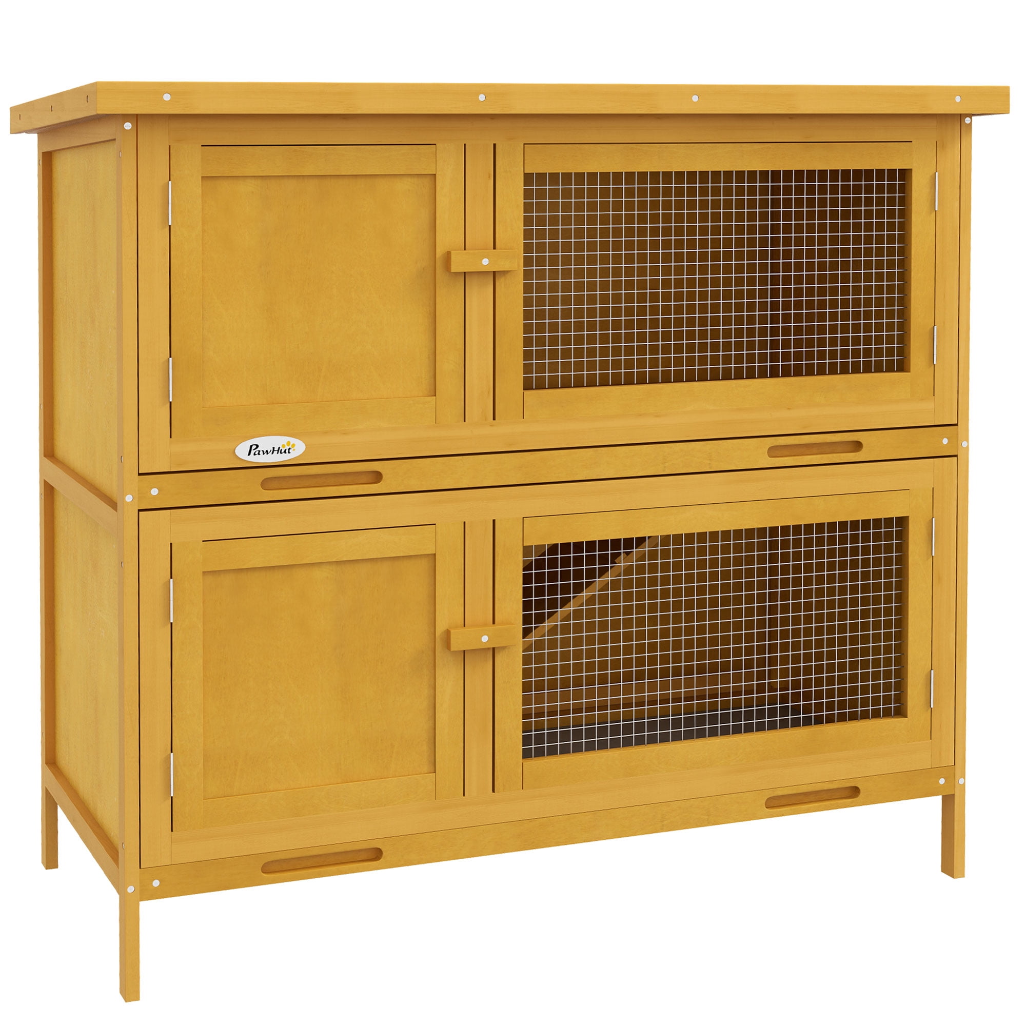 PawHut Wooden Bunny Hutch Rabbit Hutch Small Animals Habitat with Ramp, Removable Tray and Weatherproof Roof, Indoor/Outdoor, Yellow