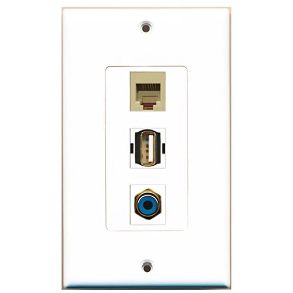 RiteAV - 1 Port RCA Blue and 1 Port USB A-A and 1 Port Phone RJ11 RJ12 Beige Decorative Wall Plate Decorative