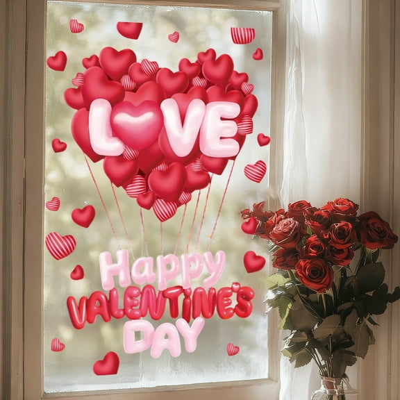 Valentines Stickers,Window Stickers,Valentines Day Decorations Window Clings,Rustic Heart Plant Pots Window Clings, Farmhouse Red Pink Heart Potted Valentines Decor for Wedding Gifts(B)