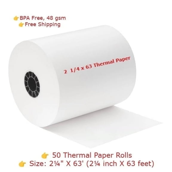 2  1/4 x 63 Thermal Paper Rolls (50 counts)
