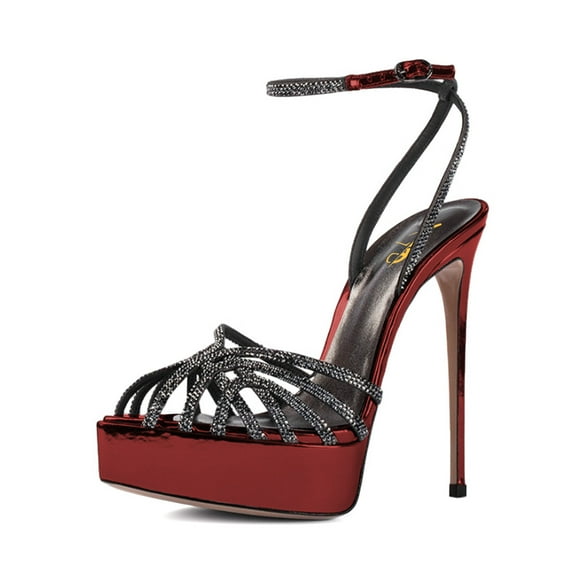 XYD Women Sexy Rhinestone Caged Peep Toe Ankle Strap Sandals Stilettos Platform High Heel Pumps Fashion Shoes Size 7 Red