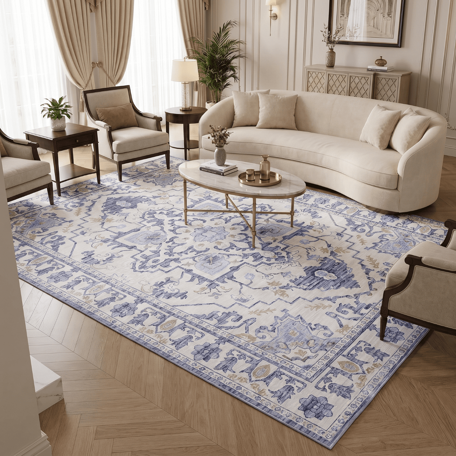Kelno 8'x10' Area Rugs Vintage Living Room Rug Washable Low Pile Indoor Carpet Non-slip Soft Rug Bedroom Dining Room, Blue