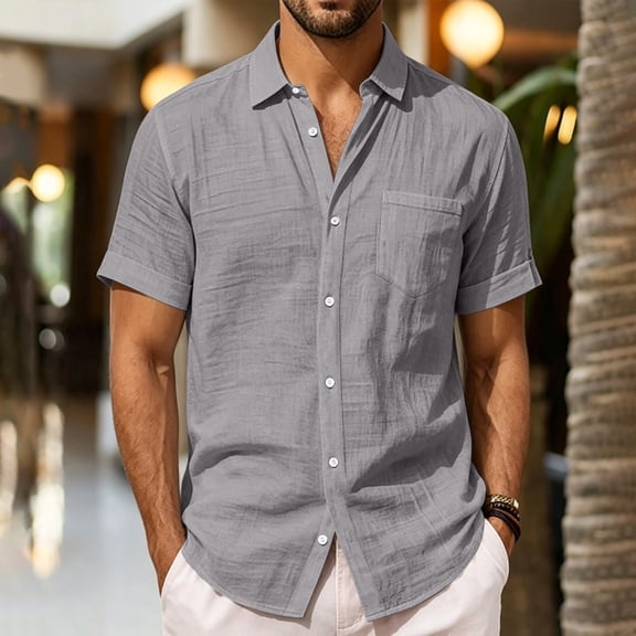 REZUOFI Mens Linen Short Sleeve Lapel T Shirt Solid Pocket Breathable Casual Loose for Summer Sports Daily