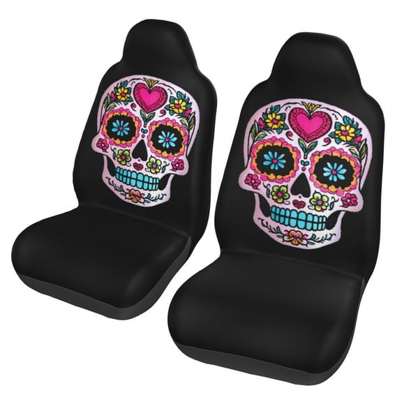 KAKALAD Sugar Skull With Heart Flower 2 Car Accessories Seat Covers Set Vehicle Seat Covers Universal Front Seats Protector 2 Pcs
