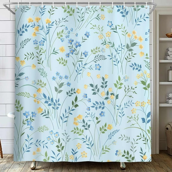Blue Shower Curtain, Boho Floral Flower Shower Curtains for Bathroom, Modern Farmhosue Waterproof Fabric Shower Curtain Set with Hooks 72x72 Inch