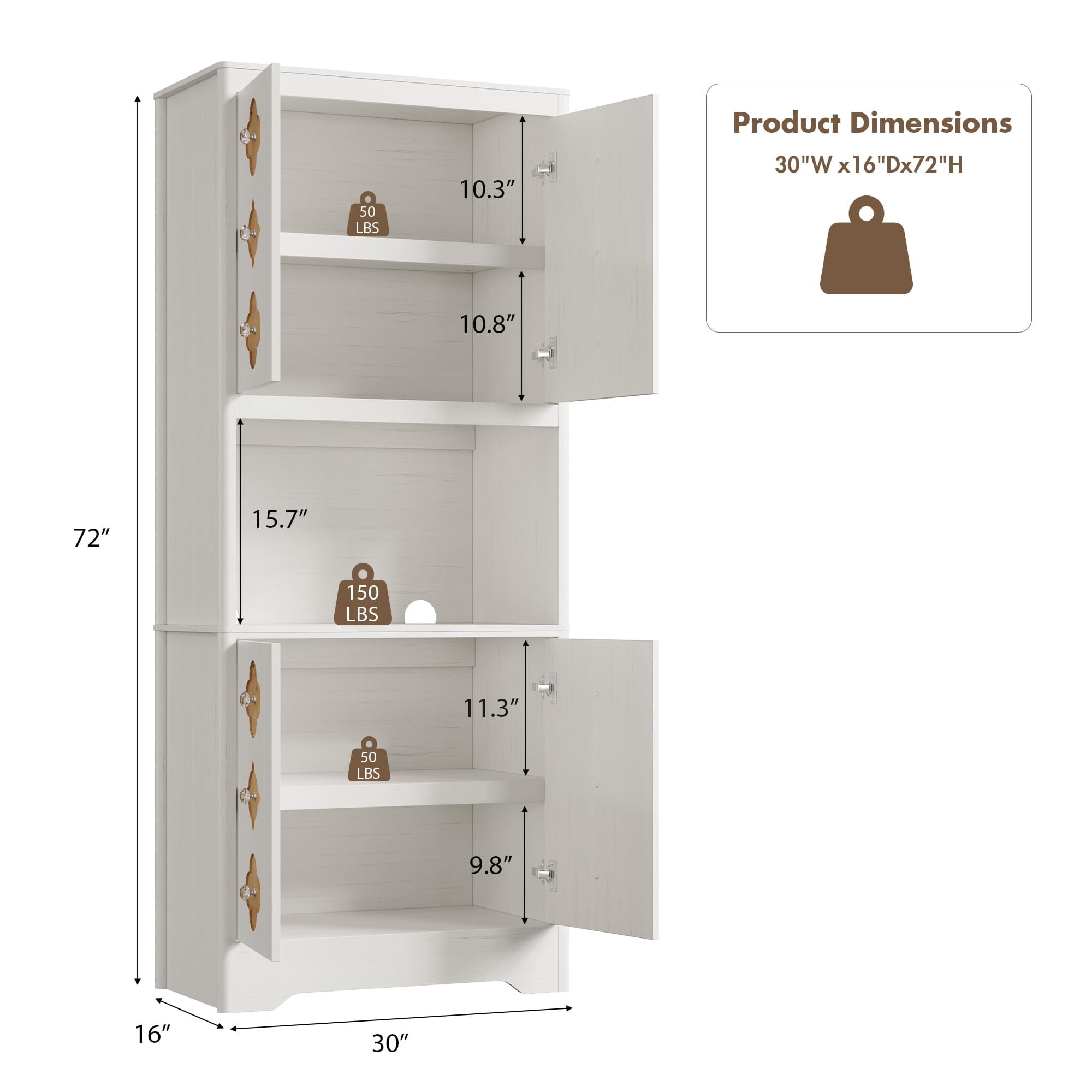 Kitchen Pantry Cabinet, 72" Tall Storage Cabinet with Countertop, Freestanding Wooden Hutch Cupboard with Carved Door & Crystal Handle, for Dining Room, Living Room