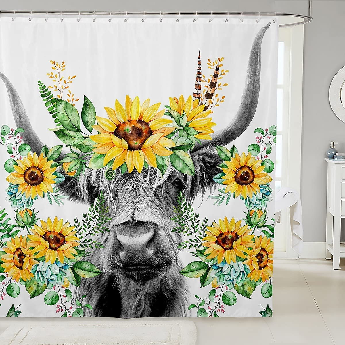 Highland Cow Shower Curtain Kids Sunflower Floral Western Cow Bull