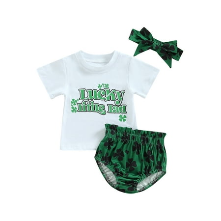 

Canrulo Newborn Baby Girl My 1st St. Patrick s Day Outfit Letter Print Short Sleeves Romper+Clover Shorts+Headband Set White 6-12 Months