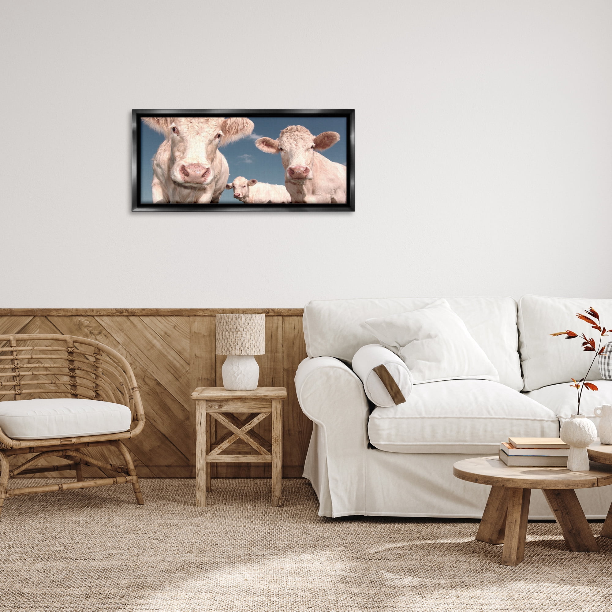 Stupell Industries Three White Cows Animals & Insects Photography Black Floater Framed Canvas Art Print Wall Art, 31 x 14