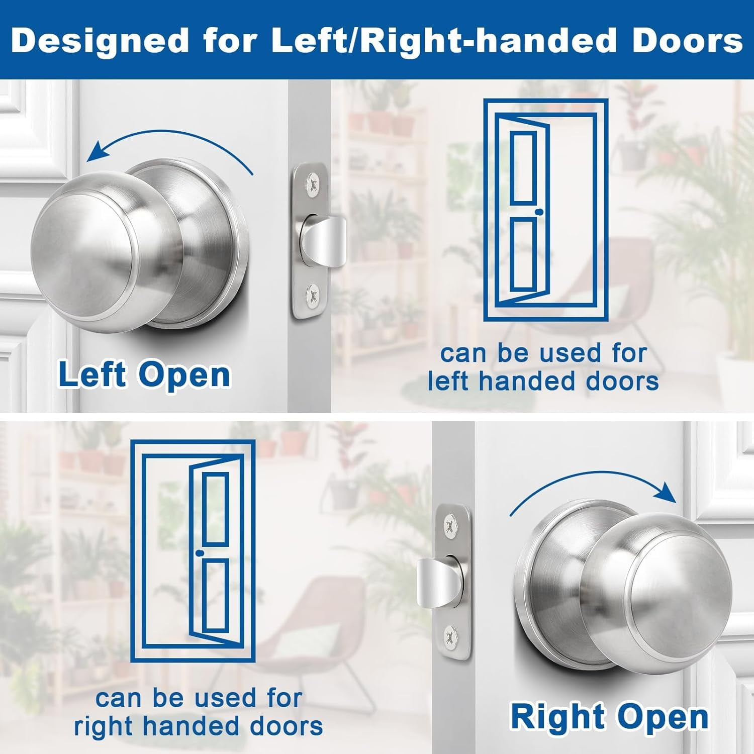 Brushed Nickel Door Knob, 6 Pack Round Keyless Doorknobs Interior/Exterior Lockset, Passage Locking Door Knobs for Bedroom/Bathroom, Modern Design Door Hardware