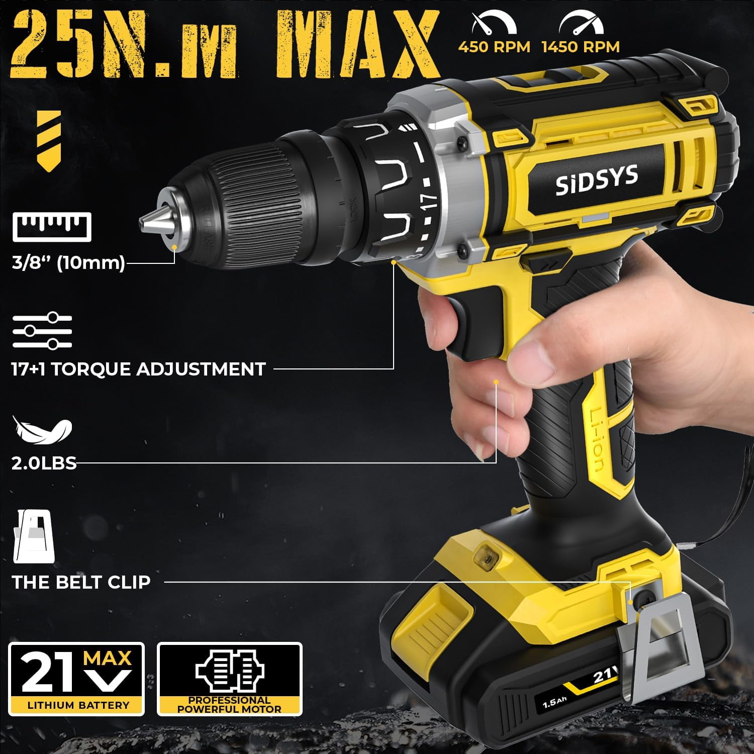 21V  Cordless Electric Drill Set, 3/8 Keyless Chuck Power Drill 17+1 Torque, 2 Variable Speed, Built-In LED, Versatile Hand Drills for Wood Drilling/Screw Removal