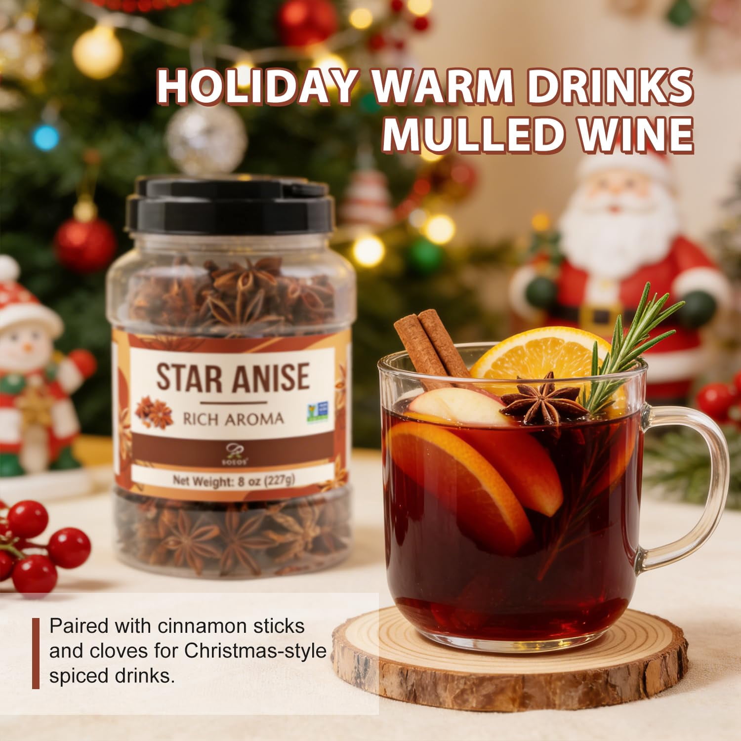 Soeos Whole Star Anise, 8 oz, Premium Aromatic Star Anise Pods for Pho, Braised Meats, Mulled Drinks, Baking, Tea & Asian Cooking