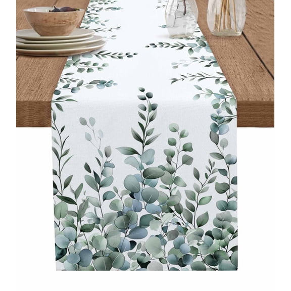 Green Eucalyptus Leaves Table Runner 72 Inches, Summer Botanical Watercolor Bed Runner Dresser Scarves Tabletop for Indoor Outdoor Parties/Ceremony/Banquet, 16" x 72"
