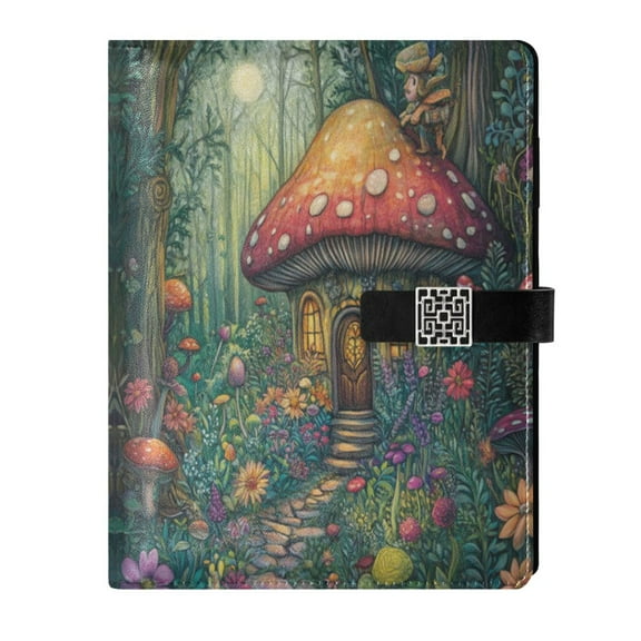 9.2x6.7 inch Leather Notebook 100 Sheets, Multi-Pocket Design & Pen Loop Whimsical Mushroom House Refillable Journal Organizer
