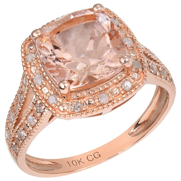 10k Rose Solid Gold Natural Large Cushion-cut Morganite and Halo Diamond Birthstone Gemstone Vintage Design Engagement Ring