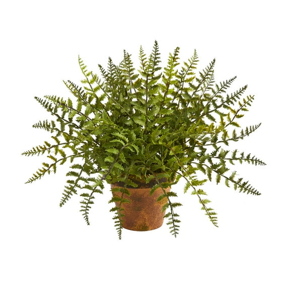 Nearly Natural 19" Leather Fern Artificial Plant in Decorative Planter, Green