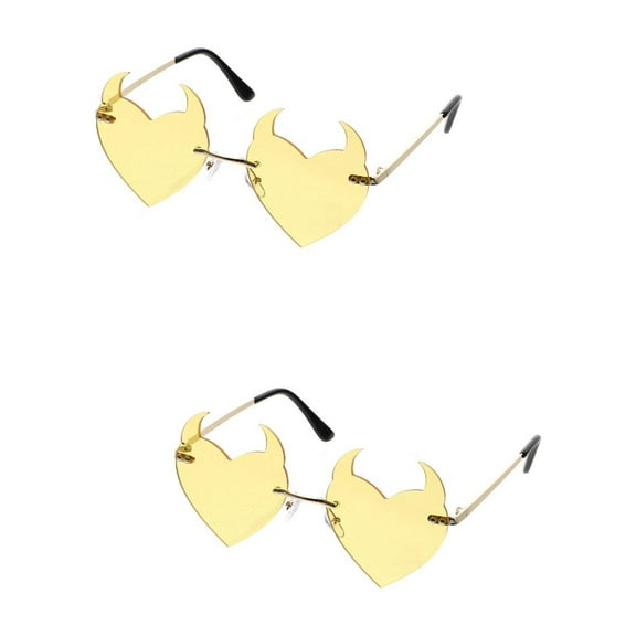 2 Count Heart Shaped Sunglasses Rimless Devil Hippie Women Man Party Eyewear Red Women's Yellow