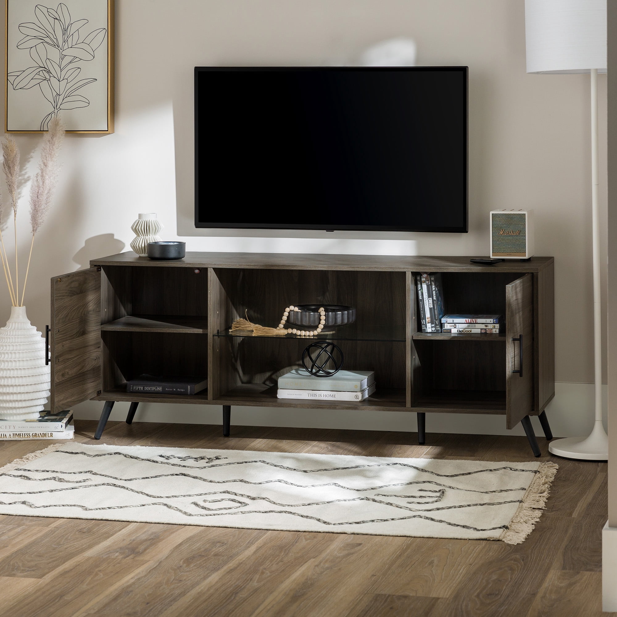 Walker Edison Mid Century 2-Door TV Stand for TVs Up to 68", Slate Grey