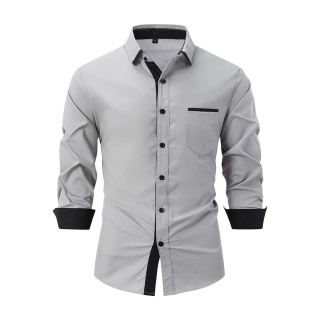 WTXUE Button-Up Shirts Long Sleeve, Notch Neck Shirts for Men Spring Fall Shirts Lapel Buttons Shirt Tops Cardigan Patchwork | Workwear for Men Grey 3XL