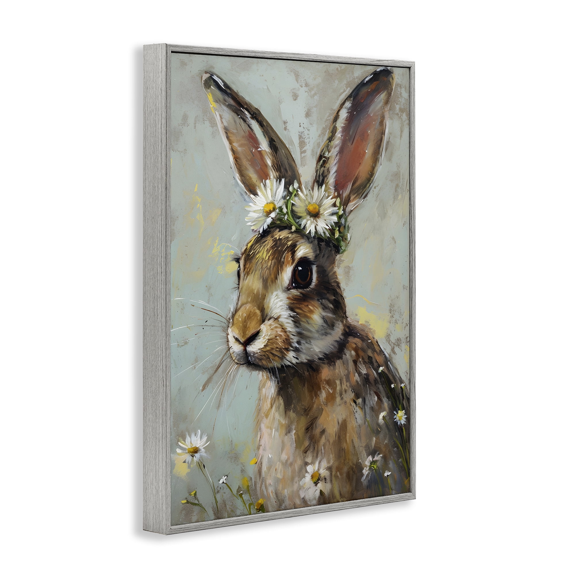 Stupell Industries Bunny & Daisy Crown Animals & Insects Painting Gray Framed Art Print Wall Art, 12 x 18