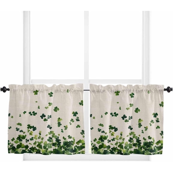Tier Curtains 24 Inch Length, St. Patrick''s Day Shamrocks Leaves Spring Linen Rod Pocket Short Kitchen Curtains 2 Panels, Farmhouse Window Treatment Tiers for Cafe Bathroom, 27.5”x24”