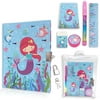 Girls Diary with Lock for Kids,Little Girls Mermaid Journal Set Includes 7.1x5.3 Inches Notebook Memo Pad Glitter Pen Ruler Sharpener Eraser in One Stationary Kit for Girls