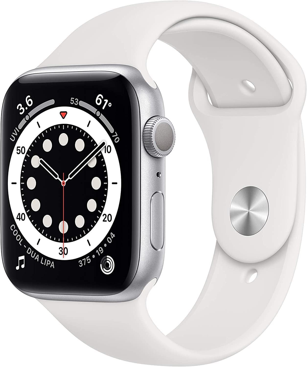 Restored Apple Watch Series 6 (GPS, 44 mm) Silver Aluminum Case with White Sport Band Bundle 5 Bonus Bands, Charging Stand, Screen Protector, & 2 amp charger (Refurbished)