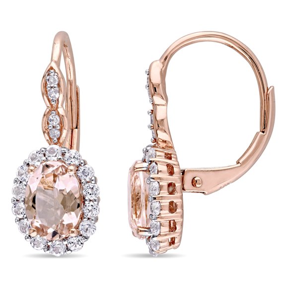 Everly Women's 2-1/4 Carat T.G.W. Morganite White Topaz and Diamond Accent 14kt Rose Gold Halo Leverback Earrings