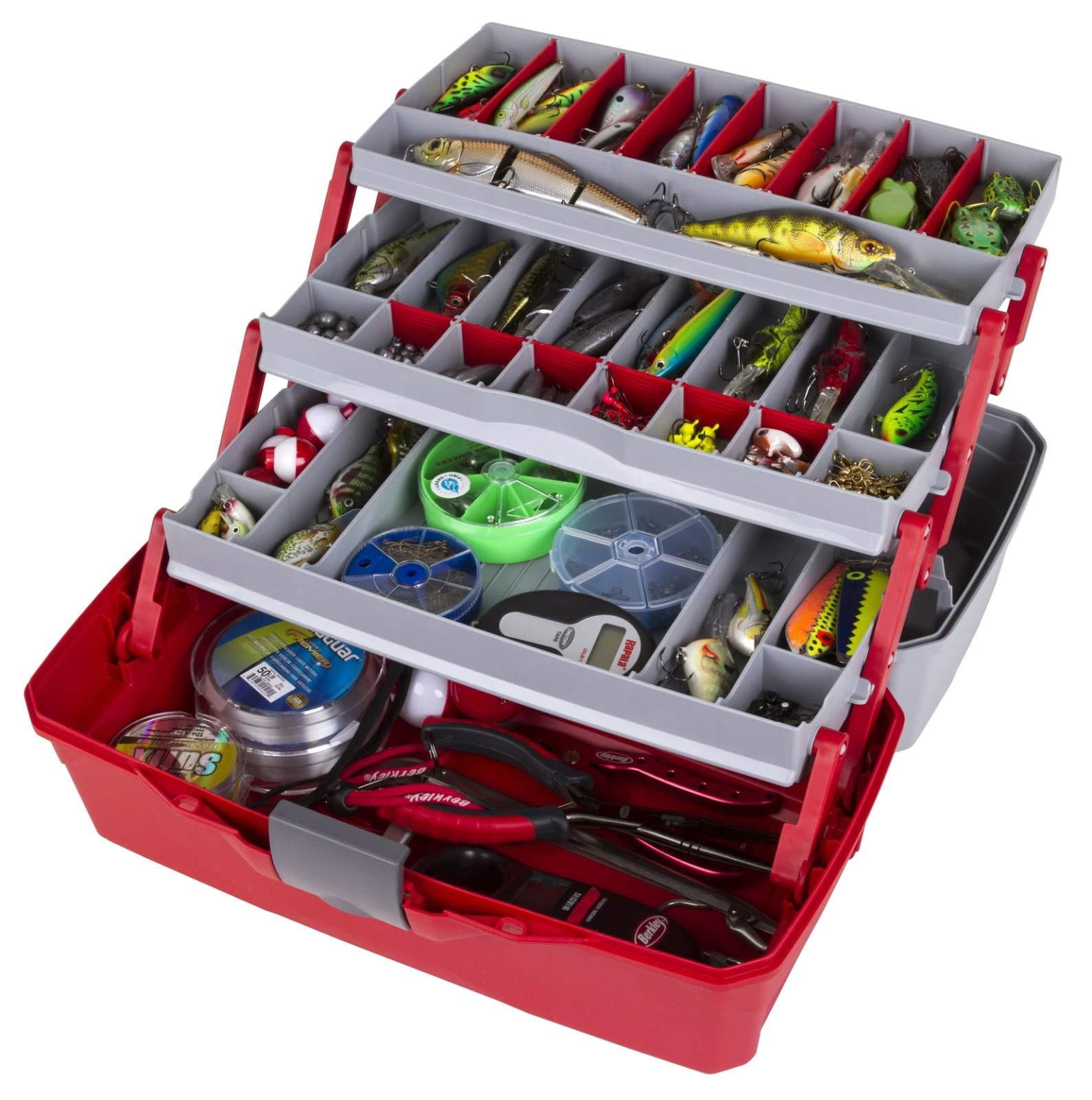 Outdoors 6383tb 3-tray Tackle Box - Classic Fishing Lure Storage Organizer  Large Portable 32 Tray Compartments Red/gray