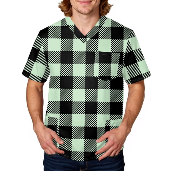 Domuza Scrubs for Men Top Plaid Stripe Printed V Neck Short Sleeve Work Uniform Relaxed Fit Comfy Soft Medical Workwear with 3 Pockets Green L
