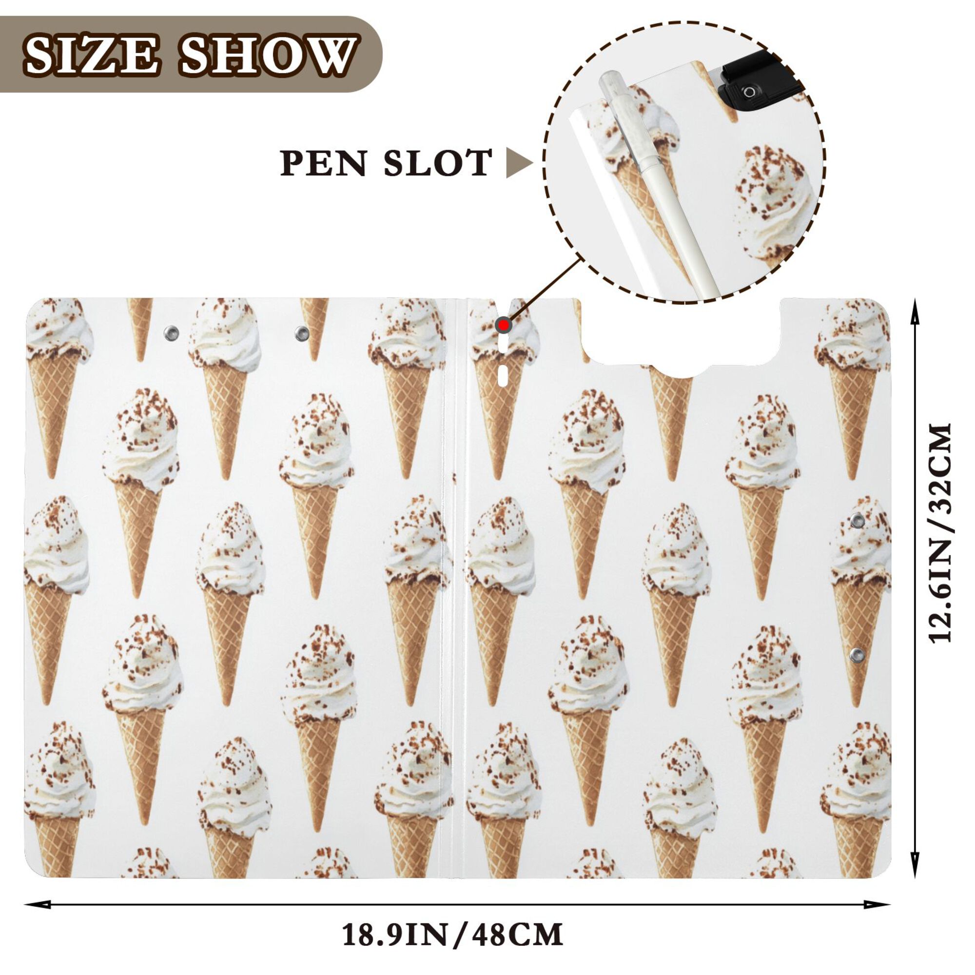 FORMRS A4 Clipboard Folder with Pen Holder Horizontal Foldable School Office Binder, Cartoon Ice Cream Pattern