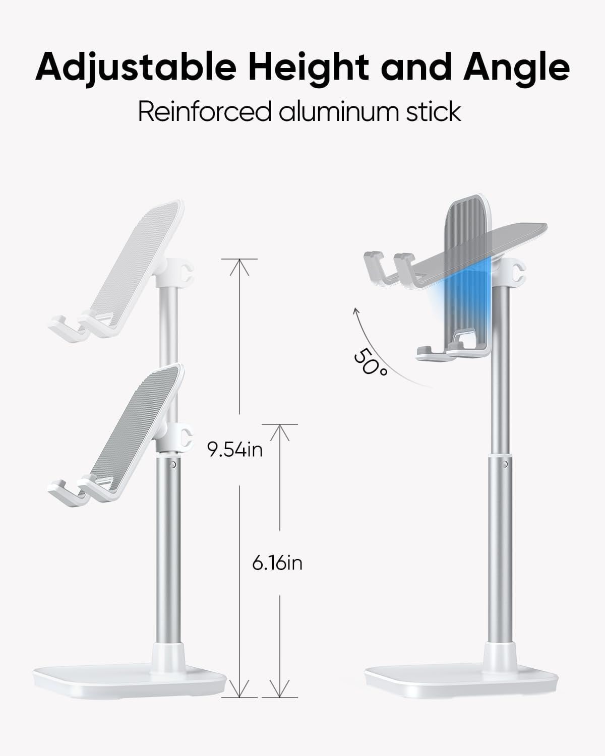 Cell Phone Stand, Adjustable Height Phone Stand for Desk, Eye Level Desktop Phone Holder Compatible with iPhone, Pro Max, Samsung, and All Mobile Phones up to 10''