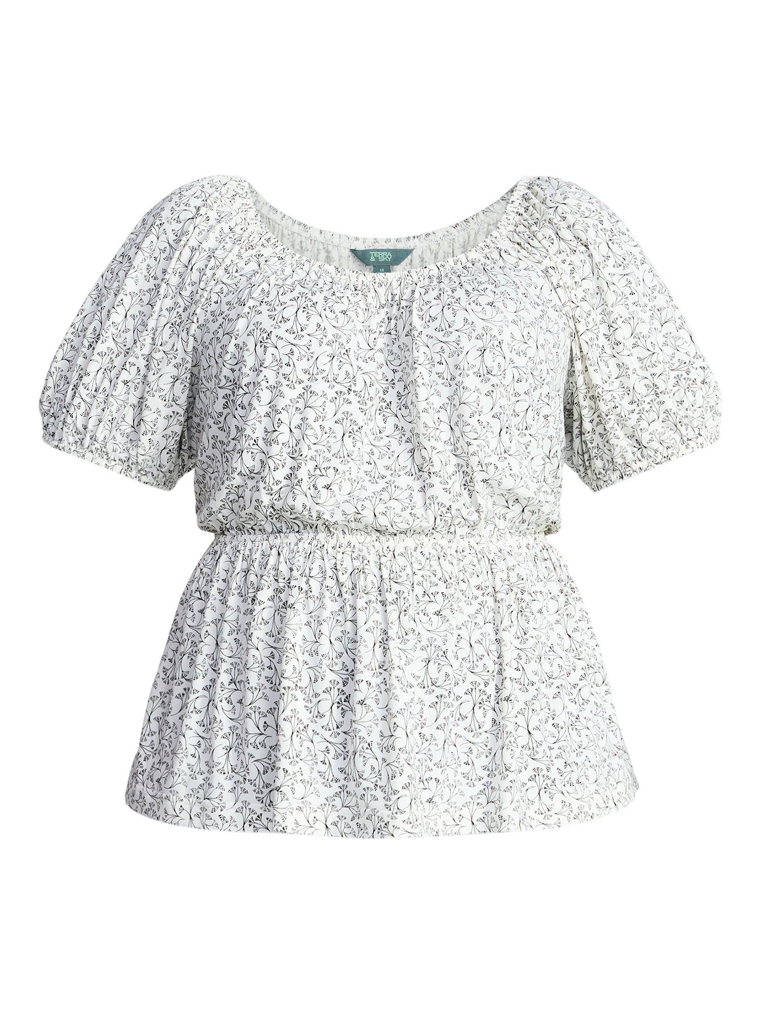 Terra & Sky Women's Peplum Top with Short Puff Sleeves, Sizes 0X-5X