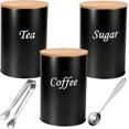thumbnail image 1 of Tea Coffee Sugar Canisters Set 3-Piece Airtight Metal Food Storage Tins with 5ml Spoon and Sugar Tongs Canisters Set with Wooden Lids for Kitchen Counter Organization (Black 15cm H), 1 of 5