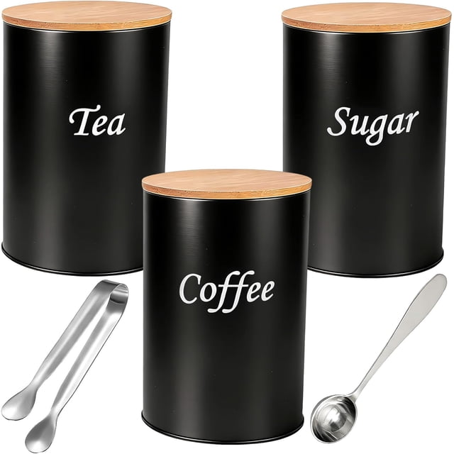 Tea Coffee Sugar Canisters Set 3-Piece Airtight Metal Food Storage Tins with 5ml Spoon and Sugar Tongs Canisters Set with Wooden Lids for Kitchen Counter Organization (Black 15cm H)