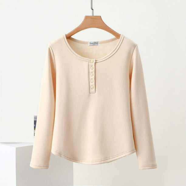 Pijama de manga larga para mujer, color liso, con botones, cuello redondo, manga larga, dobladillo inferior, abrigo cálido de terciopelo, pijama de manga larga, parte superior de poliéster para mujer