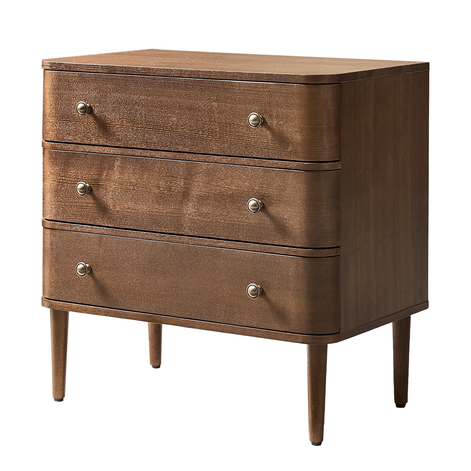 26" Modern 3 Drawers End Table Curved Table with Charging Station for Living Room Walnut
