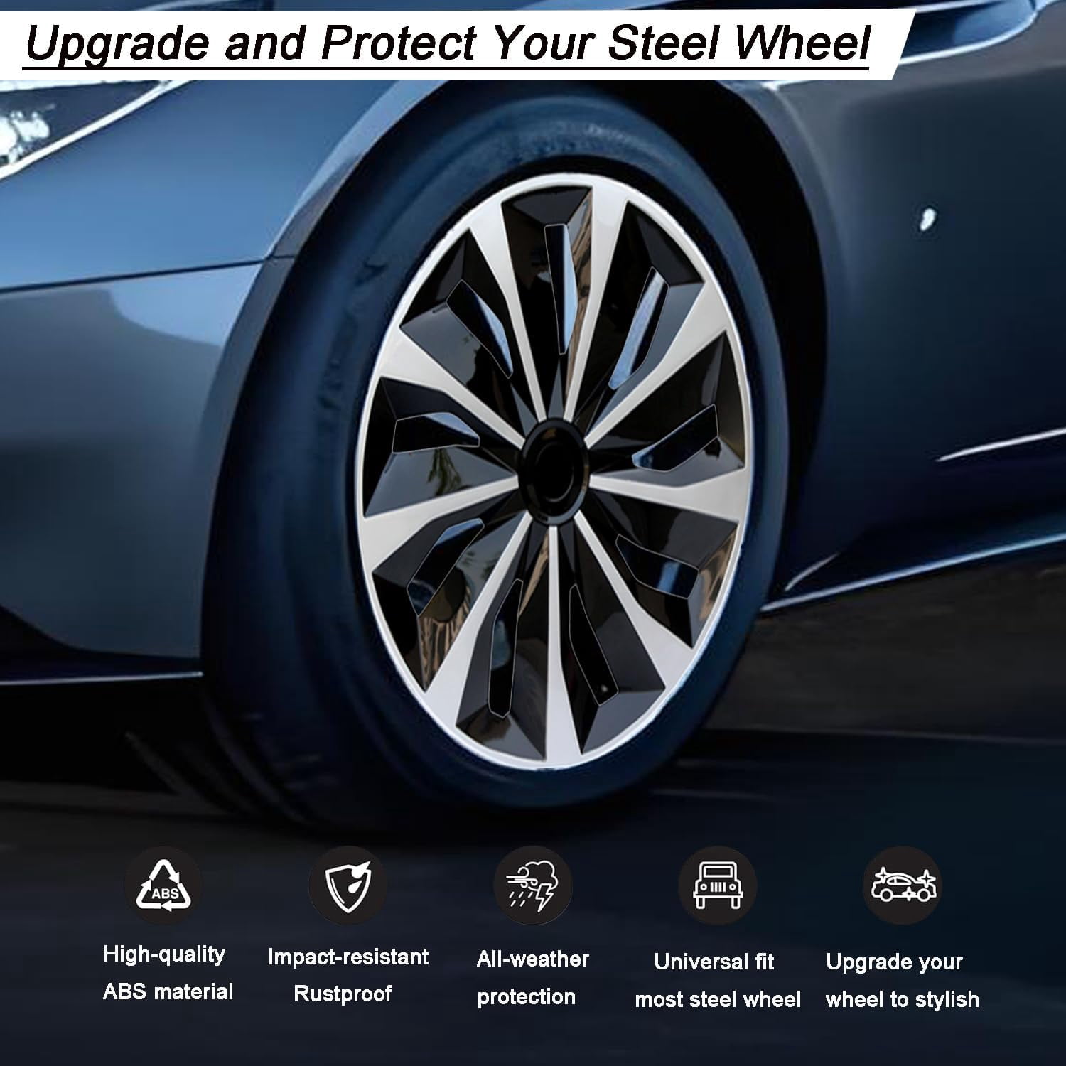 Beiled Universal Hubcap 16 inch ABS Tire Trim Cover, Pack of 4 Hubcaps Car Accessory, for Car Truck SUV，Silver