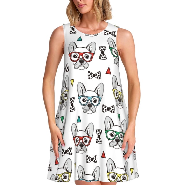 Cauagu Mignon Bouledogue Français pour Robes d'Été pour Femmes, Robes Soleil Sans Manches Robe Décontractée de Vacances Robes à Col Rond avec 2 Poches
