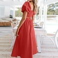 thumbnail image 4 of Women's 2 Piece Outfits Clearance Women's Summer Lantern Sleeve Square Collar Tops Slit Dress Two-piece Set Wide Leg Pants, 4 of 5