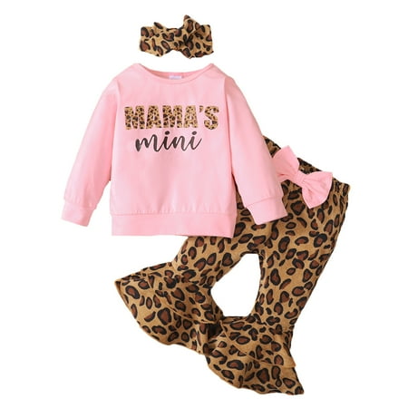 

KIMI BEAR Infant Girls Outfits 18 Months Infant Girls Autumn Winter Outfits 24 Months Infant Girls Sweet Letter Print Long Sleeve T-shirt + Leopard Flared Pants + Headband 3PCs Set Pink