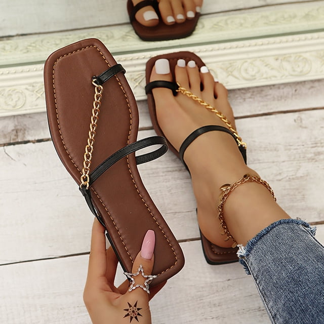 Sandalias Mujer Pinch Zapatillas planas Cadena Cómoda Playa Zapatos romanos Flip Flop Wmkox8yii hj789