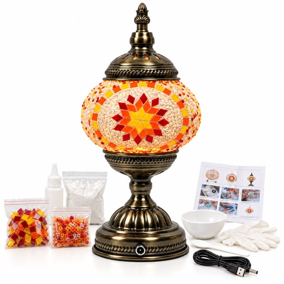 MEHOOM DIY Turkish Mosaic Lamp Kit, Rechargeable Bedside Table Lamp with 3 Color Temperatures and Stepless Dimming, Moroccan Boho Craft Kit for Adults, Classic Orange