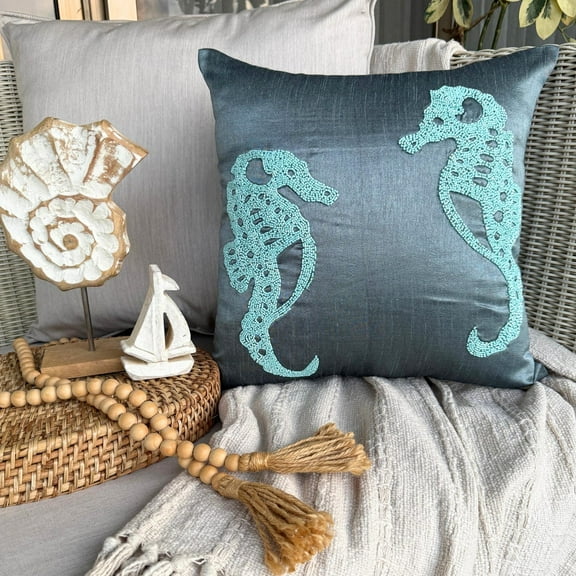Cushion Cover For Chair, Blue Zippered Throw Pillow Covers 16x16 inch (40x40 cm), Silk Throw Pillows For Couch, Sea Creatures, Sea Horse, Beach Style Decorative Accent - Sea Horse