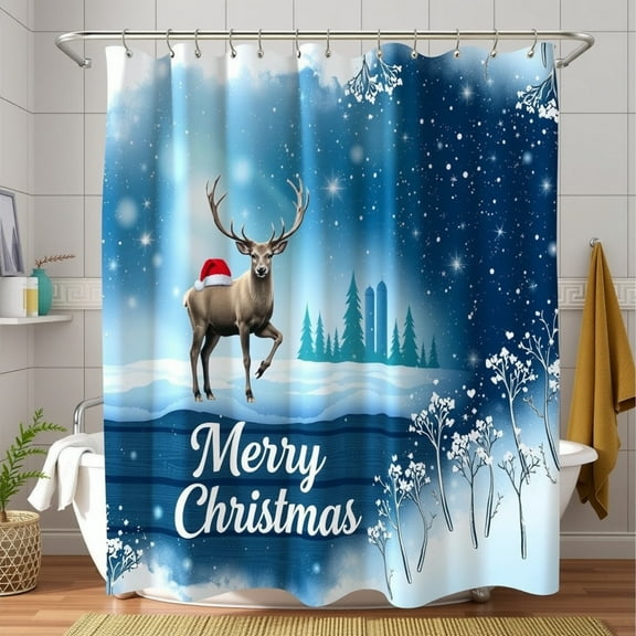Christmas Shower Curtain - Winter Scene with Deer in Santa Hat, Snowflakes & Stars, "Merry Christmas" Design, Light Blue Background