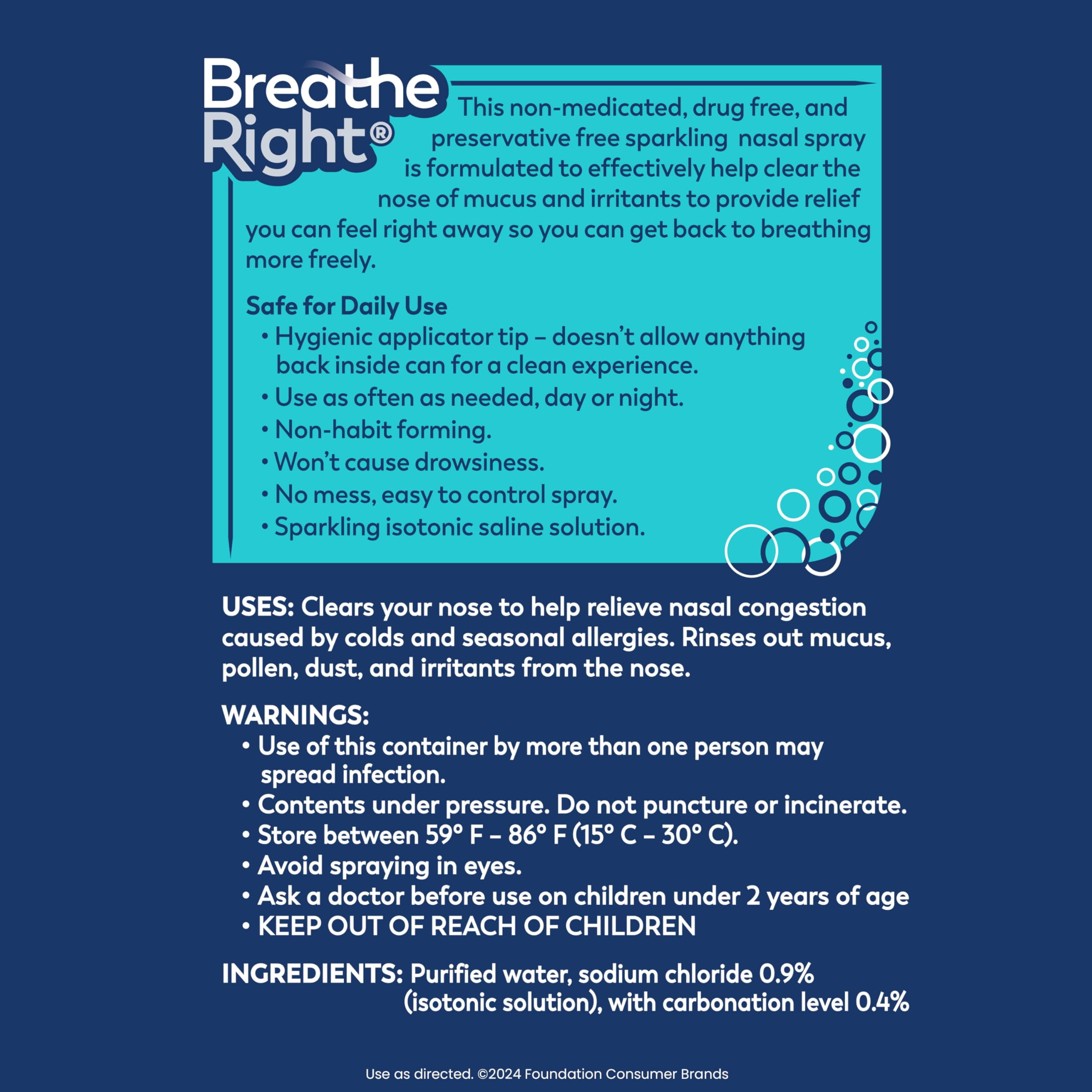 Breathe Right Sparkling Saline Nasal Rinse Spray – Effervescent, Drug-Free Relief from Stuffy Nose Due to Cold or Allergy, 1 Can, 4 oz